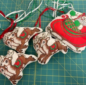 Vtg Handmade Christmas Santa in Sleigh Reindeer Pillows - Picture 1 of 14