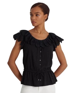 LAUREN Ralph Lauren Eyelet Jersey Peplum Top Black Size S 4454 - Picture 1 of 2
