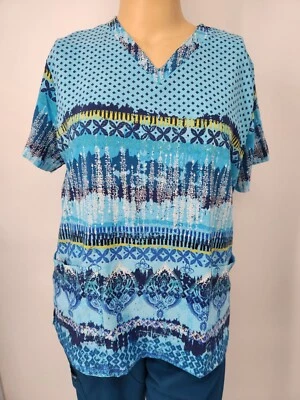 Womens Scrub Top Easy Stretch by UA 2 Pocket Teal Royal Turquoise Caribbean  XL - Image 1 of 4