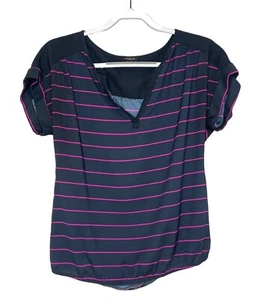 Ann Taylor Womens Blouse Medium Navy Pink Stripe Elastic Hem Cap Sleeve Work Top - Picture 1 of 12