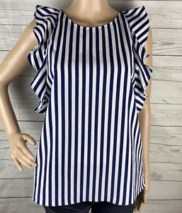 Juicy Couture Blouse Small Blue White Striped Ruffle Sleeves Polyester Shirt Top - Picture 1 of 12