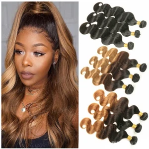 Brazilian Real Human Remy Hair Extensions 1-3 Bundles Body Wave Ombre Weave Weft - Picture 1 of 25
