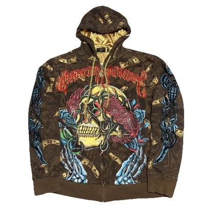 Sudadera con capucha vintage Christian Audigier estampado total pedrería satinado cremallera completa XL Foto 1 de 4