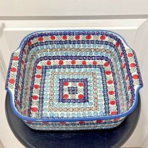 Cerámica polaca Andy Boleslawiec manijas cuadradas de panadero azul rojo 9,5”x9,5” únicas - Imagen 1 de 14