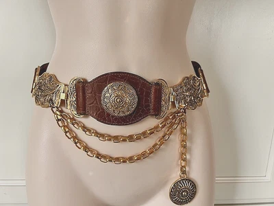 Streets Ahead Belt Sz S Vtg Ornate Brown Gold Chain Medallion Draped Boho Adjust - Image 1 of 4
