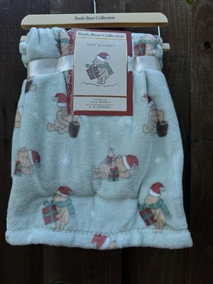 NEW Pooh Bear Collection Green Baby Blanket Christmas Themed Presents - Image 1 of 2