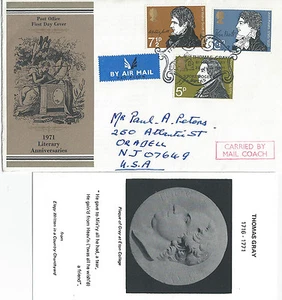 GB FDC 1971 LITERARISCH, THOMAS GRAY STOKE POGES HANDSTEMPEL.''TRAGEPOSTKUTSCHE'' - Bild 1 von 1