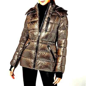 NEU MICHAEL Michael Kors Metallic Folie Logo Druck Pufferjacke Größe M - Bild 1 von 5