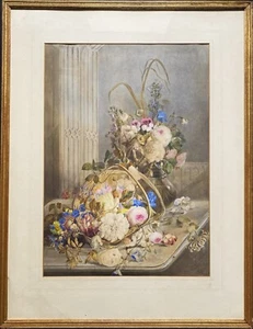 Pintura acuarela fina y grande antigua escuela británica bodegón floral siglo XIX - Imagen 1 de 13