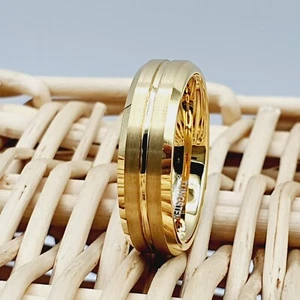 6mm Wedding Ring Grooved Center Brushed Woman Ring Gold Tungsten Engagement Ring - Picture 1 of 8