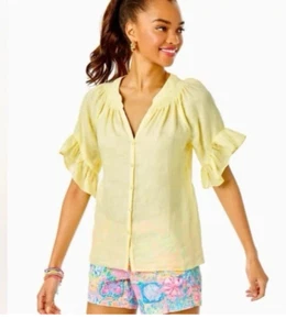 Lilly Pulitzer Linen Tayla Creme Fraiche Lemon Button Front Ruffle Sleeve Top XS - Picture 1 of 9