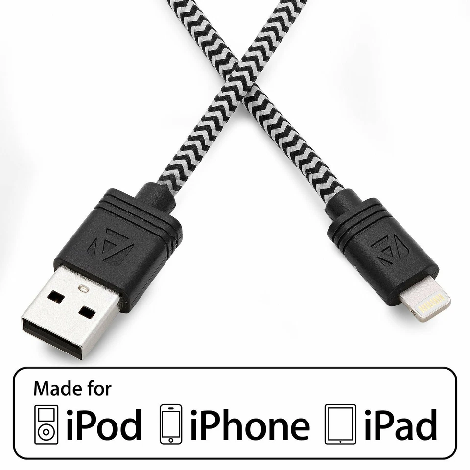 Aduro USB to Lighning Charge & Sync Cable for Apple Devices Black/White - Image 1 of 1