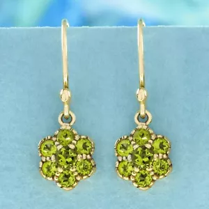9K Gold Natural Peridot Cluster Vintage Style Floral Drop Earrings - Picture 1 of 6