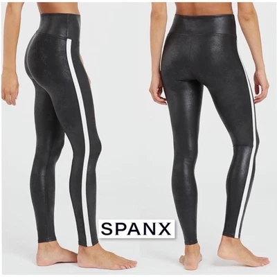 Leggings SPANX de couro sintético listra lateral preta branca G cintura alta grande 20187R - Imagem 1 de 4