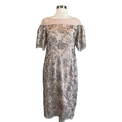 Vestido de cóctel para mujer Calvin Klein talla 6 funda de encaje con lentejuelas doradas manga corta Foto 1 de 4