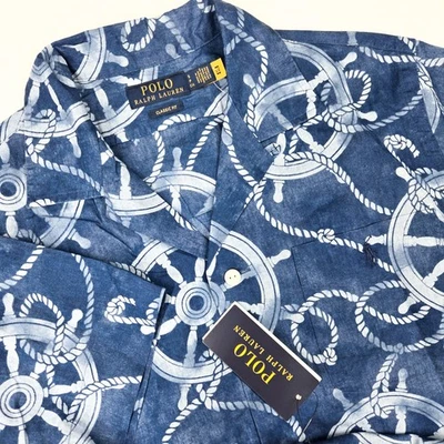 NEW Polo Ralph Lauren Men Small Cotton Linen Nautical Ship Wheel Rope Camp Shirt - Image 1 of 4