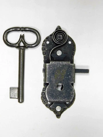 Vintage Mid-Century Replica Old Wrought Iron Lock & Key For Cupboard Door Cover