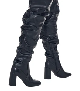 Pretty Little Thing Black Faux Leather Boots Thigh High Women's UK Size 6 - Picture 1 of 6