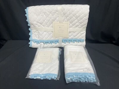Pottery Barn Baby Organic Pom Pom Quilted Crib Bedding Quilt Sham Skirt NEW - Image 1 of 3