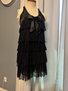 Pearls encased in netting | Lined Racer black Mini Dress Size Small - Picture 1 of 18