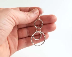 Handmade Hammered 925 Sterling Silver Triple Hoop Dangle Drop Earrings - Picture 1 of 5