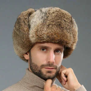 Mens Rabbit Fur Hat Ushanka Trapper Earmuffs Ski Cap Fashion Comfy Winter Warm - Picture 1 of 21