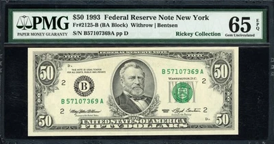 Fr. 2125-B (BA Block) 1993 $50 New York Note PMG Gem Uncirculated 65 EPQ - Image 1 of 2