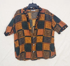 Connections XL Vintage Womens Rayon/Silk 80s 90s Shirt Top Button Squares Short - Imagen 1 de 3