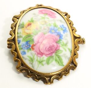Vintage Limoges France Porcelain Rose Bouquet Floral Cameo Brooch Pin
