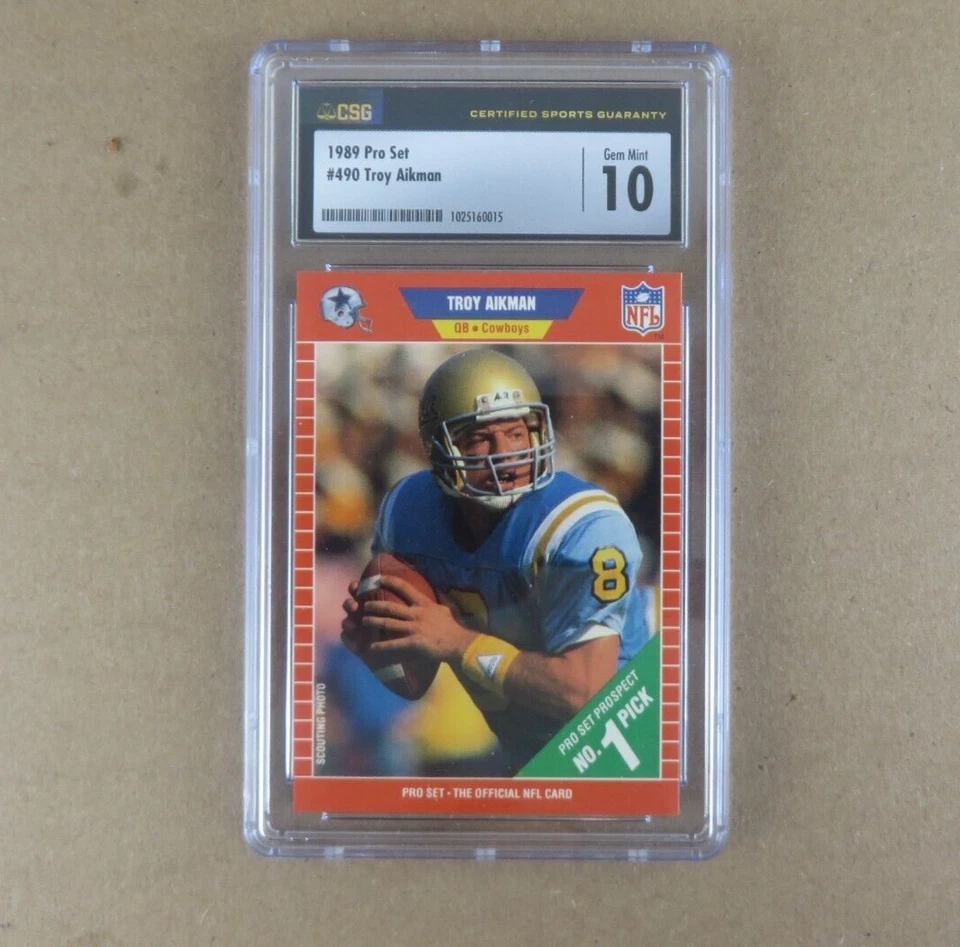 Tarjeta de novato Troy Aikman CSG/CGC grado 10 gema como nueva 1989 Pro Set RC #490 Foto 1 de 1