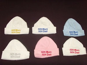 Baby 100% Cotton Embroidered Personalised Hat With The Saying 50% Mum 50% Dad  - Picture 1 of 16