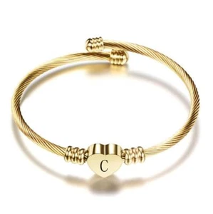 Gold Women Girls Letter C Initial Bracelets Love Heart Charm Alphabet Name Cuff - Picture 1 of 5