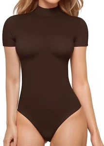 MANGOPOP Womens Mock Turtle Neck Bodysuit Short Sleeve Bodysuit Basic Small - Picture 1 of 6