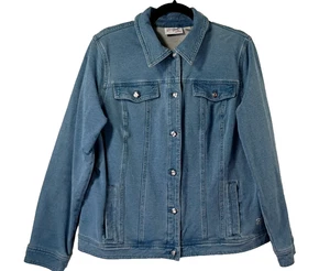 Quacker Factory Denim Jacket Size M Stretch Studs Rhinestones Pockets Moto Crop - Picture 1 of 11