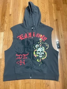 Ed Hardy Skull/Dagger/Panther Full Zip Sleeveless Hoodie Men's Size XXL (NWT) - Picture 1 of 11