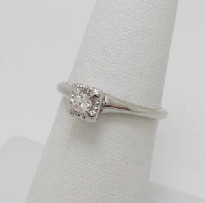 Vintage .11CT Natural Diamond Solitaire Engagement Wedding Ring 14K White Gold - Picture 1 of 13