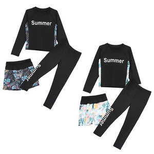 Kids Girls Pants Set Long Sleeve Rash Guard Tropical Print Swimsuit Quickly Dry - Picture 1 of 34
