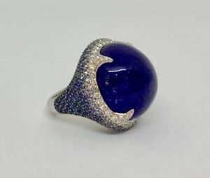 Featuring Blue 61.28CT Cabochon Tanzanite With White & Blue 5.47CT Sapphire Ring