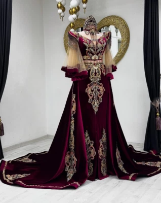 Muslim Burgundy Wedding Dresses Long Sleeves with Detachable Train Mermaid - Image 1 of 4