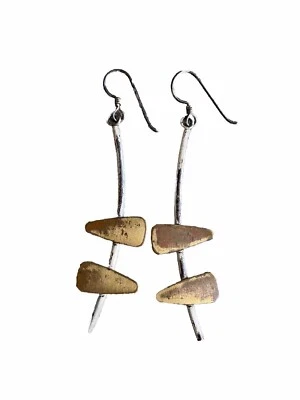 Dangle Earrings Artisan Silver Tone Bronze Art Cubist  - Image 1 of 4