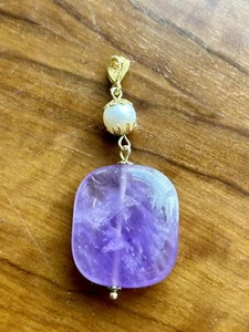 Collana ciondolo vera ametista, perla naturale, argento dorato - Foto 1 di 1