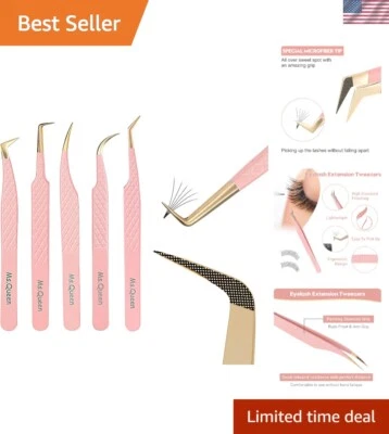 Stainless Steel Lash Tweezers Set - 5 Curved & Angled Tools for Perfect Fans - Image 1 of 4
