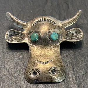 Navajo Bull Hand Stamped Brooch Sterling Silver Turquoise Vintage 6 - Picture 1 of 19