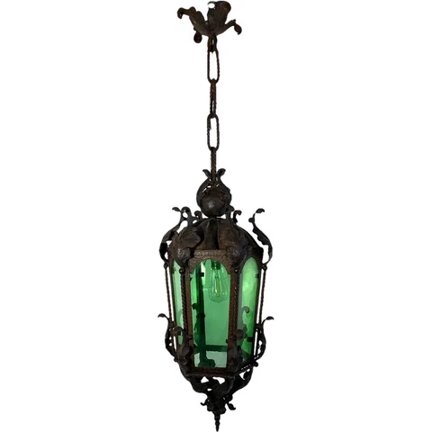 Antique French Wrought Iron and Green Glass Hexagonal Pendant Lantern c. 1920 Cover