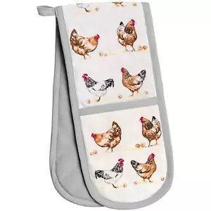 Chickens White Double Oven Gloves Heat Resistant 100% Cotton Oven Mitts - Picture 1 of 1