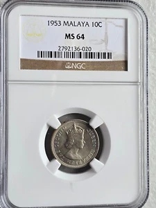 Malaya 10 Cents 1953 NGC MS 64 - Picture 1 of 2