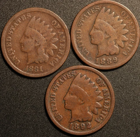 THREE NICE OLD INDIAN CENTS, 1881, 1889, 1892 Cover