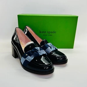 Kate Spade Leandra Heel Size 8 Navy Patent Leather Loafer Block Heel Bow Office - Picture 1 of 19