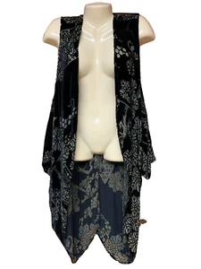 CITRON SANTA MONICA S BLACK BURNOUT VELVET SLEEVELESS OPEN KIMONO TOPPER DUSTER - Picture 1 of 7