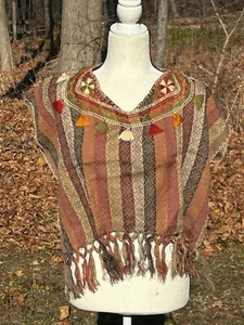 Mexikanisches Huipil Rebozo bauchfreies Oberteil Bluse Shirt Fransen 24 x 16 hellbraun braun C11 - Bild 1 von 4